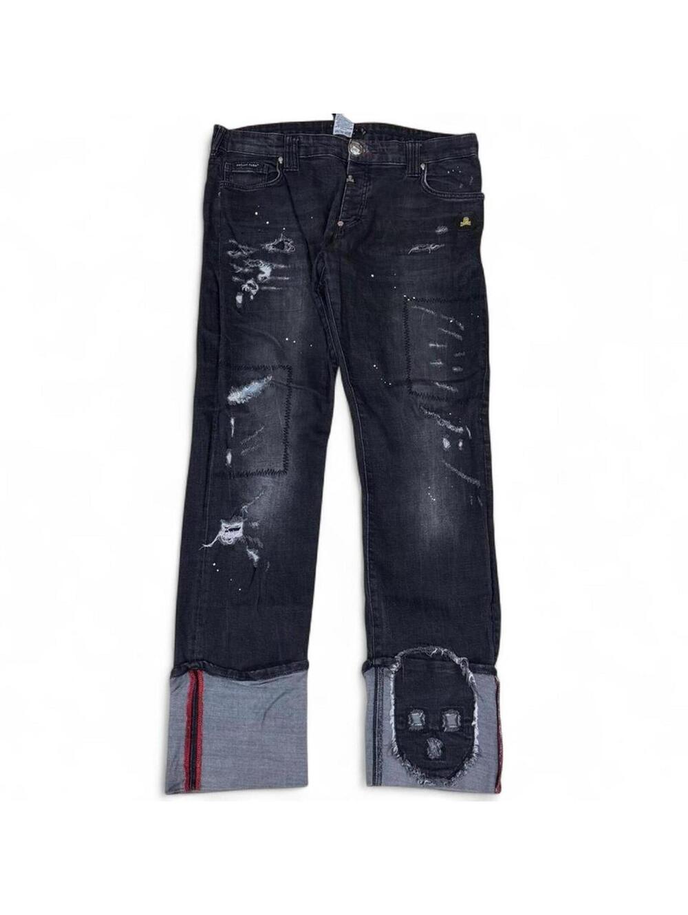Unique Philipp Plein designer denim jeans mask design on hem